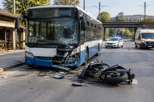 Автобус по линия 222 и мотор се удариха челно в Пловдив