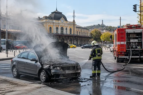 Кола се запали до Централна гара в Пловдив и затрудни движението