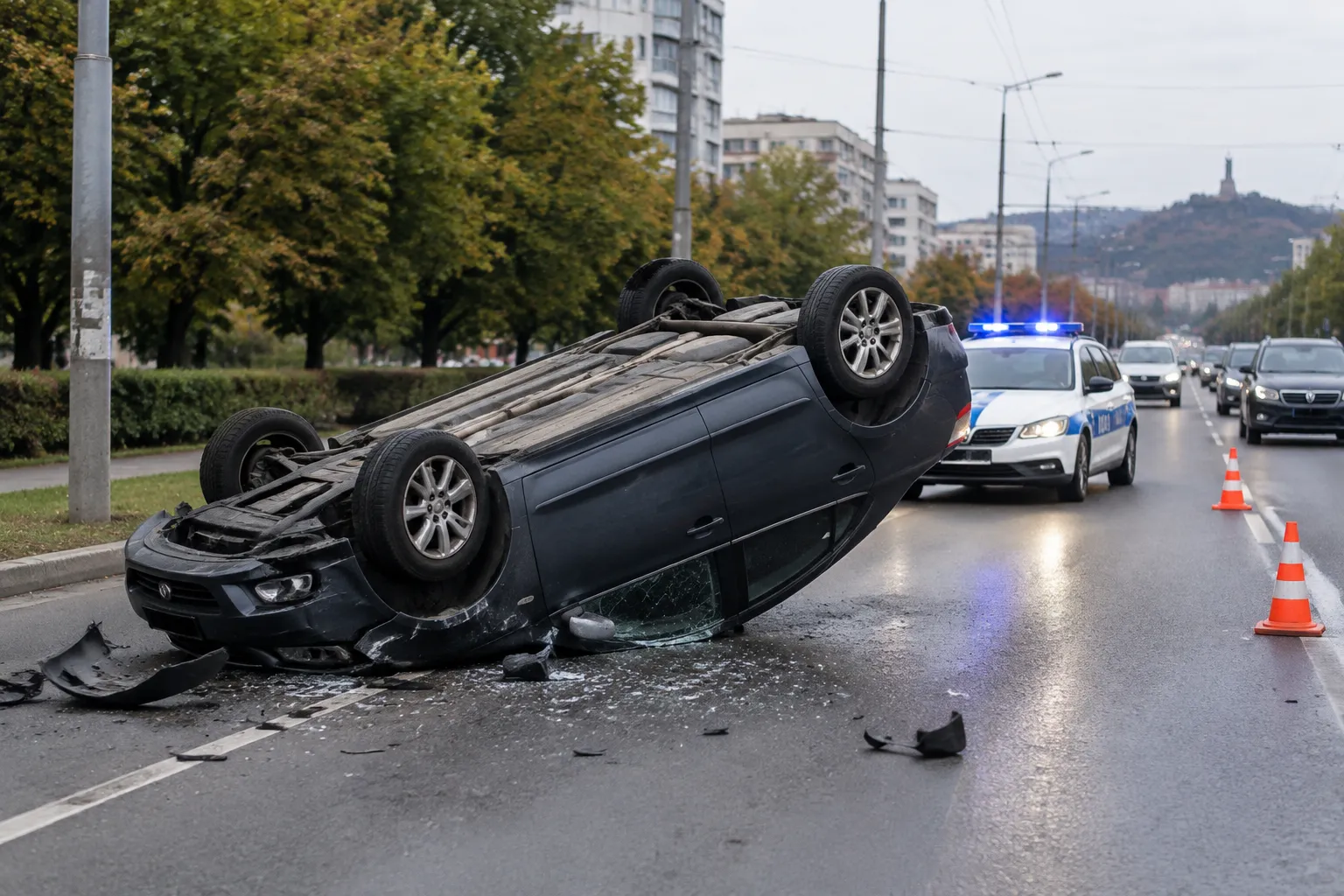 Кола се обърна по таван и блокира бул. „Цар Борис III Обединител“ в Пловдив