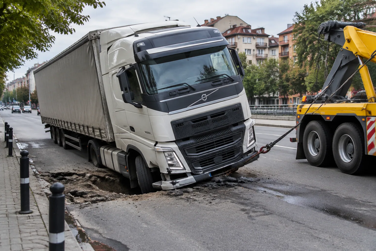 Влекач със софийска регистрация пропадна в дупка в Кършияка