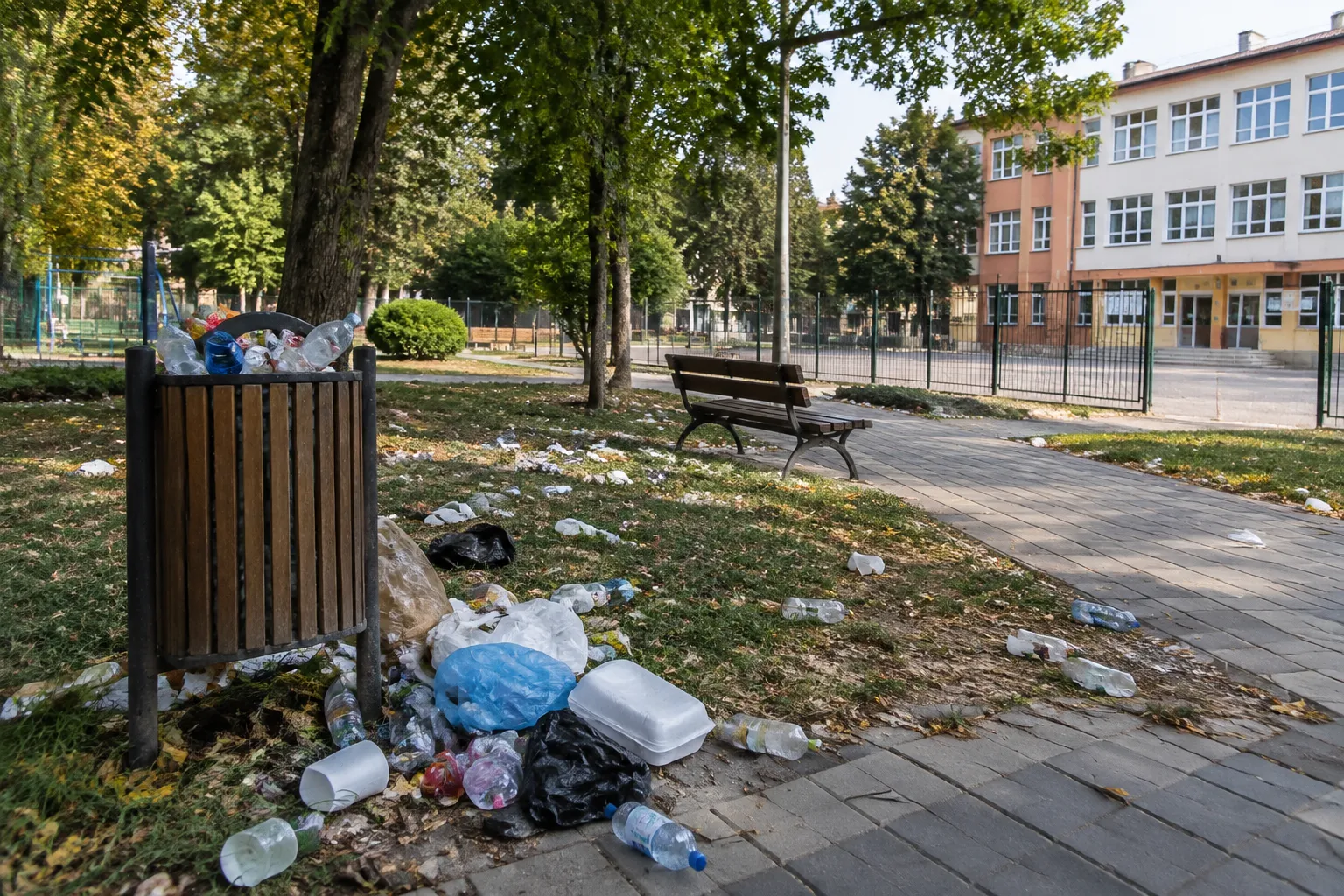 Парк „Кронщад“ в „Южен“ осъмна с боклуци до ОУ „Димитър Талев“