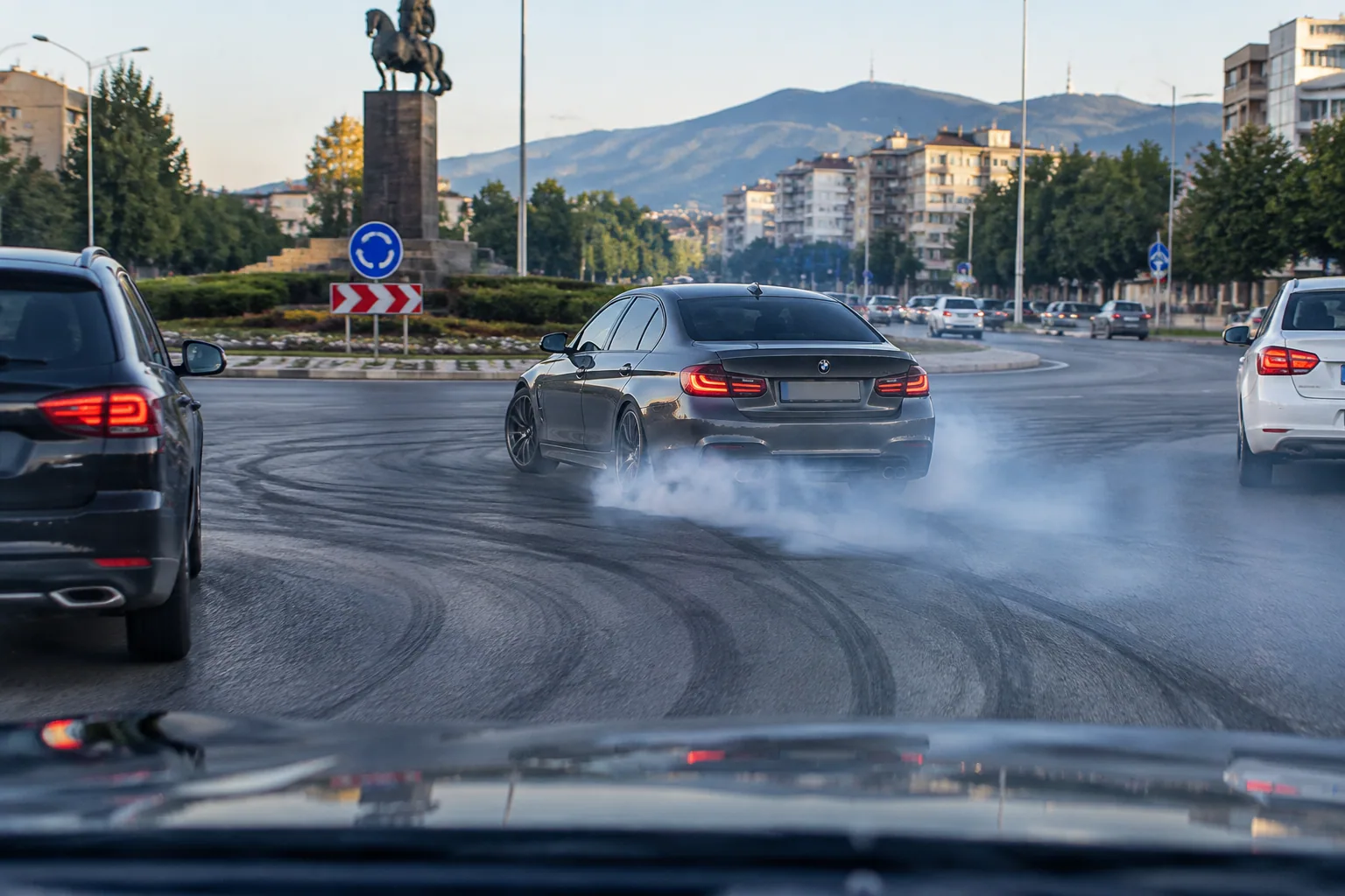 БМВ дрифти на кръгово в Пловдив: риск за трафика